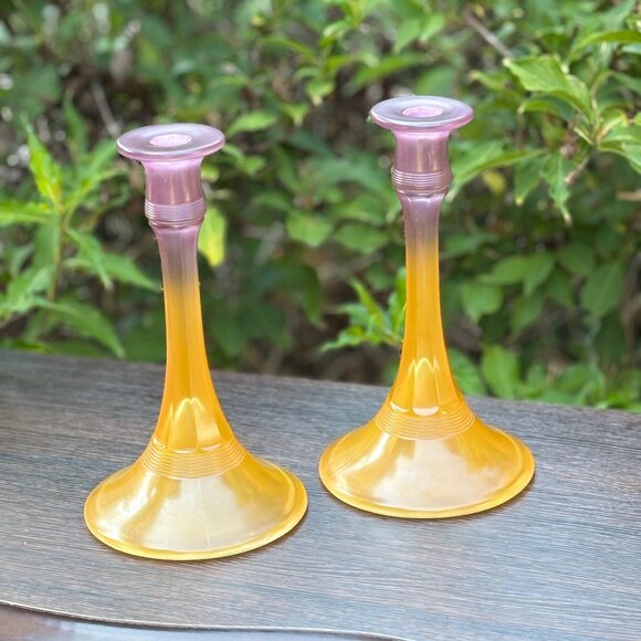 Pair of Vintage Satin Pressed Glass Candle Holders with Amber Purple Gradient - Picture 1 of 15